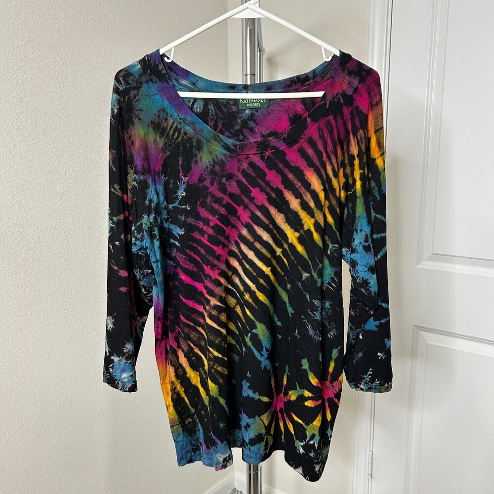Kathmandu Imports Womens Shirt One Size Black Rainbow Tie Dye V Neck Top Boho